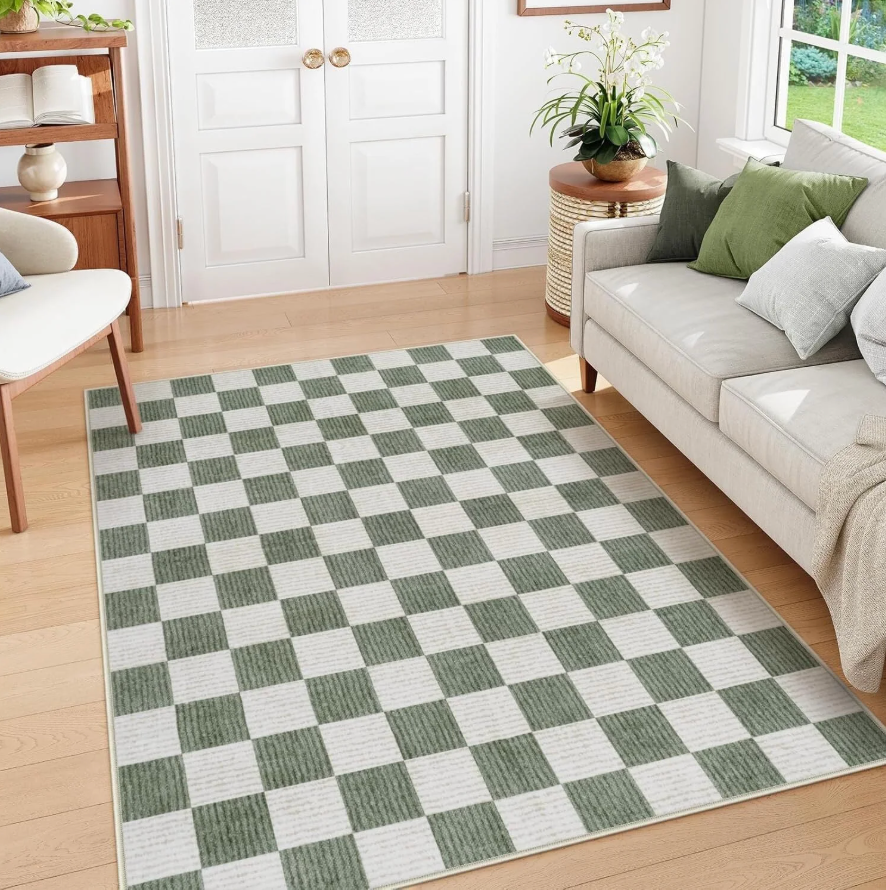 A washable checkered area rug is cute and practical!